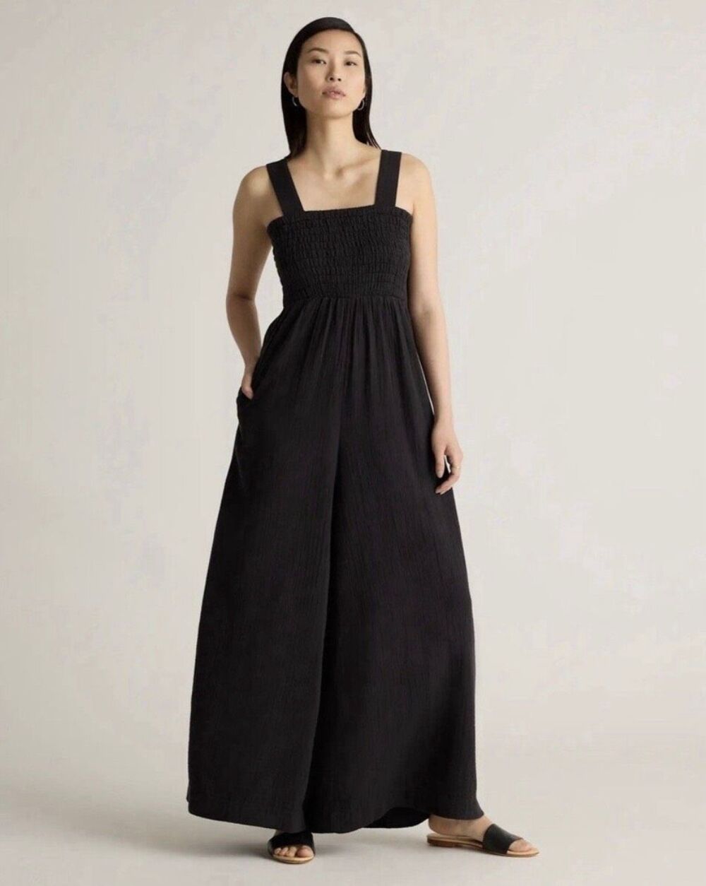 Quince Organic Cotton Gauze Smocked Wide Leg Jumpsuit L Black
